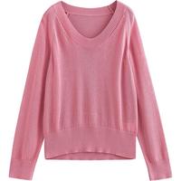 初语孔雀蓝毛衣女2025年春季薄款圆领宽松上衣仿亚麻针织衫 梅洛粉 L