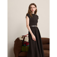 三彩2025春季优雅针织裙半高领连衣裙包袖收腰A字裙长裙M 榛果棕 S