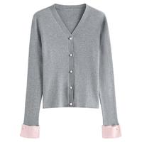 范思蓝恩秋季新中式撞色拼接长袖针织开衫女秋装2024V领通勤上衣女 黑色 M