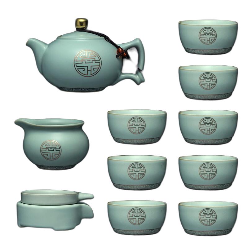 汝道 汝窑整套功夫茶具套装家用开片汝瓷鎏银茶具复古陶瓷6人茶器纯银金福茶壶茶杯盖碗整套礼品 汝窑方耳壶加金12入礼盒装