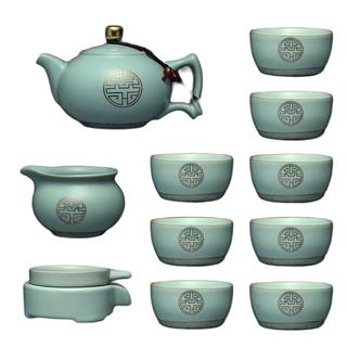 汝道 汝窑整套功夫茶具套装家用开片汝瓷鎏银茶具复古陶瓷6人茶器纯银金福茶壶茶杯盖碗整套礼品 汝窑方耳壶加金12入礼盒装