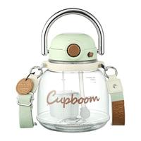 RELEA 物生物 大容量水杯儿童大肚杯女生夏季吨桶吨tritan耐高温运动墩墩大水壶 透明新芽绿1.6L+背带+茶隔+贴纸