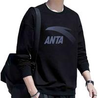 ANTA安踏卫衣男装套头衫春秋季款运动休闲服饰长袖男圆领加绒外套打底衫男士保暖跑步上衣针织宽松百搭情侣款 大logo-1基础黑/金(加绒) L/175