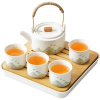 琦轩源白粗陶功夫茶具套装家用办公简约喝茶小茶杯泡茶提梁壶喝茶白茶盘 粗陶青山飞鸟提梁壶白5件套+茶盘