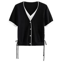 范思蓝恩假两件短袖针织开衫女2024夏季V领针织上衣24FS12195 红色 XS