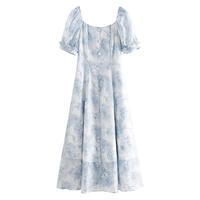 范思蓝恩冰玫瑰 法式蓝色碎花连衣裙女夏季温柔风裙子24FS12221 薄雾蓝 XL