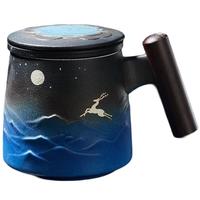 容山堂陶瓷马克杯带盖过滤泡茶杯木柄大容量茶水分离办公水杯 陶瓷木把办公杯-海浪纹月光鹿