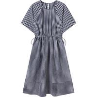 对白复古文艺格子短袖连衣裙女2025夏季新款圆领宽松抽绳收腰长裙