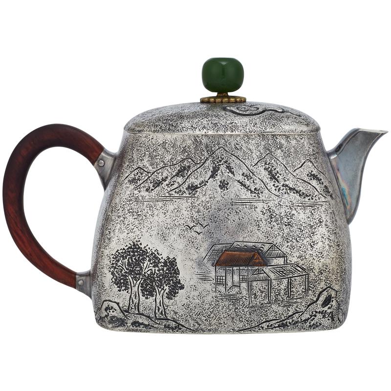 银器时代水墨山间银壶泡茶壶中式复古风银茶壶家用名家纯手工功夫小茶壶 大漆把C款140克+证书 190ml