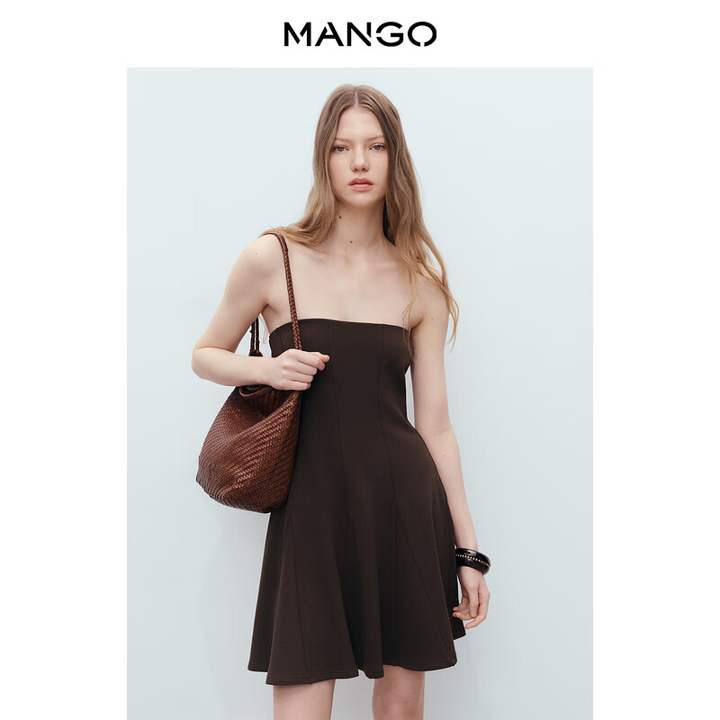 MANGO女装连衣裙2025夏装新款抹胸A字短款褶皱连衣裙