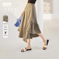 2025夏装下摆荷叶边不对称分割艺术感女式中长半身裙