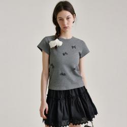 甜美少女 女士圆领波点蝴蝶结拼接休闲T恤