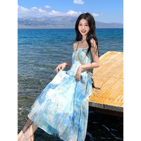 斐莉玥2025夏季超好看海边度假晕染油画吊带连衣裙女法式复古收腰气 连衣裙 M
