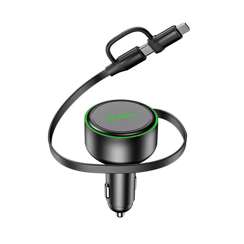 360车载充电器超级快充自带伸缩线 PD30W点烟器一拖二转换器 适用华为苹果小米
