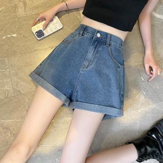 班尼路 卷边高腰阔腿牛仔短裤 女