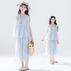 URBANSHOW 女童套装夏季新薄款无袖娃娃衫九分阔腿裤两件套装