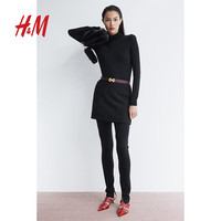 H&M女装T恤夏季柔软舒适圆高领长袖修身打底上衣1173986 黑色001 155/80