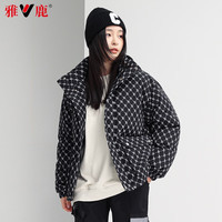 雅鹿反季羽绒服清仓男女同款冬季款加厚保暖连帽时尚休闲印花防风外套 黑色女款 180