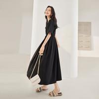 DUIBAI 2025夏装纯色简约腰间系带侧插袋女式短袖中长连衣裙