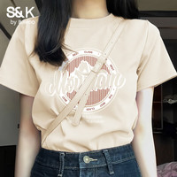 班尼路 &K100%纯棉短袖T恤女百搭上衣 粉#Z复古印花 S