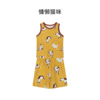 ibaby/英伦宝贝婴幼儿童睡衣春夏季男女宝宝小孩分体恒温针织抑菌印花 慵懒猫咪 90