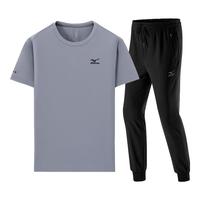 Mizuno美津浓户外套装男夏季透气凉爽亲肤圆领T恤上衣束脚长裤百搭组合装 深灰+黑色束脚 L