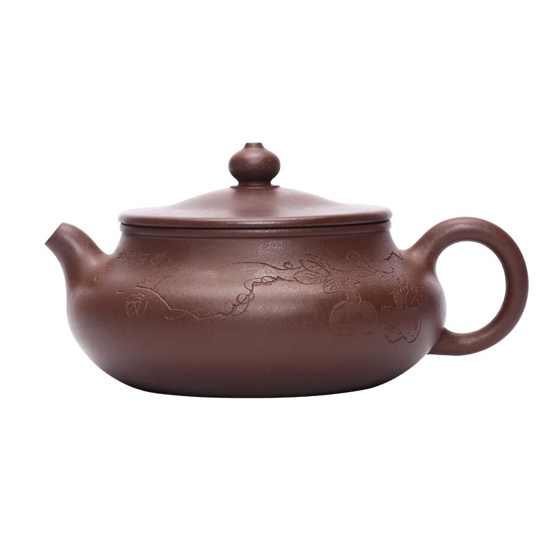 觅陶 紫砂壶宜兴半手工壶原矿段泥泡茶壶家用功夫茶具西施壶茶具200ml 紫泥玉扁 刻绘 200ml