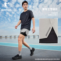 乔丹运动短裤男2025夏季男士跑步速干假两件梭织透气裤子 数码蓝印花/黑色 165/S