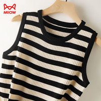 猫人(MiiOW)吊带背心女宽松春夏季圆领冰丝针织衫条纹百搭休闲款街头无袖上衣 黑色 衣服偏宽松 L 110-120斤