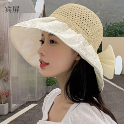 宾屏 帽子女夏季新款蝴蝶结渔夫帽彩胶空顶防晒遮阳大檐透气旅游太阳帽 白色 空顶彩胶【米】