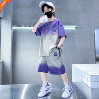 诺佳微淇 儿童装男童夏装套装2025新款中大童男孩夏季短袖帅气运动两件套潮 紫色 160