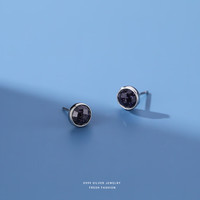 琪苗芃   s999男女款耳钉圆形紫金沙黑玛瑙韩版气质冷淡风耳饰 黑色 足银