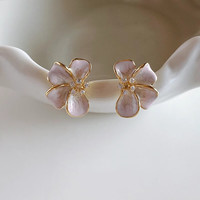 花饰庄园 法式简约粉色晕染花朵耳环女小众设计耳饰耳钉耳坠 粉色晕染半花朵耳钉