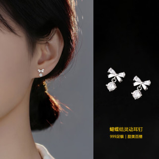 琪苗芃 999纯银蝴蝶结耳钉女小众设计高级感耳环2026养耳洞气质耳饰 【999银】蝴蝶结灵动耳钉-白金色
