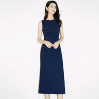 晚白2025年夏通勤职业裙子休闲高腰捏褶弹力包臀裙无袖连衣裙 深蓝色 L