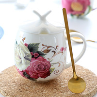 品来运 创意陶瓷马克杯 带盖+金勺 玫瑰花开
