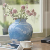 若奈 Rinoart 意式东方 古董花瓶系列 Richard手绘牡丹烟波蓝花器 24*24*26cm 烟波蓝