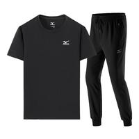 Mizuno美津浓户外套装男夏季透气凉爽亲肤圆领T恤上衣束脚长裤百搭组合装 黑色+黑色束脚 3XL