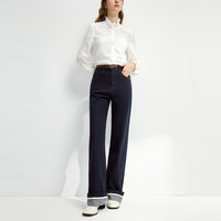 秋水伊人休闲复古显瘦直筒裤2025年春季新款简约通勤中高腰牛仔裤 深蓝