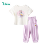 迪士尼宝宝儿童夏季套装短袖长裤套装时尚休闲透气舒适卡通T恤套装 232T1489本白 90