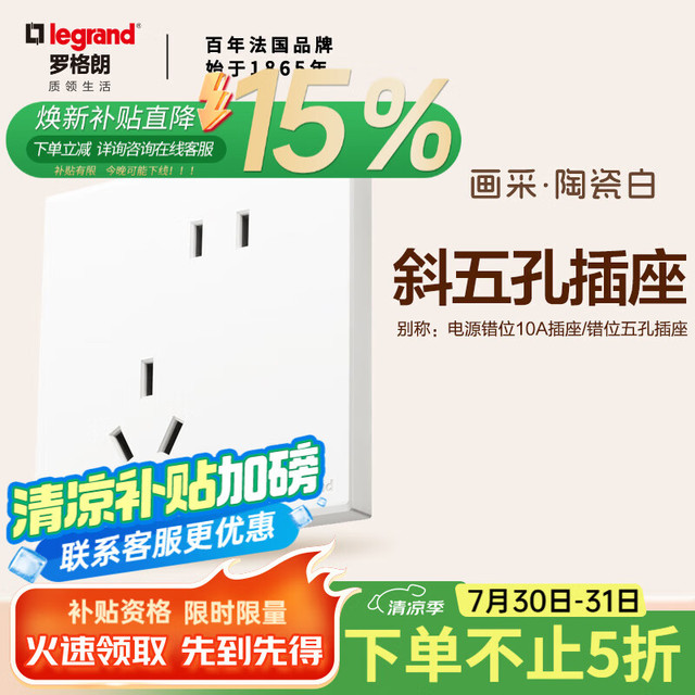 罗格朗 开关插座面板  10A斜五孔插座