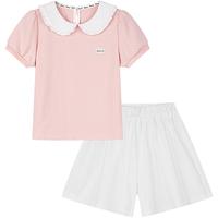 笛莎(DEESHA)童装儿童女童短袖套装2025夏季中大童时尚学院风裙裤两件套 奶油粉 110