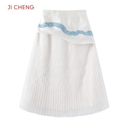 JI CHENG 原创设计百褶裙新中式云图半裙白色百搭刺绣轻薄垂感裙子
