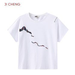 JI CHENG 简约圆领拼绣民族花纹T恤女 原创设计透气百搭休闲款短袖