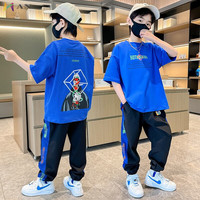 AN 儿童装男童夏装套装薄款2025新款中大童男孩衣服短袖两件套韩版潮 蓝色 160 建议10-12岁(身高150-160cm)