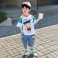 酷乐羊 哪吒衣服男童夏季套装儿童酷帅气短袖夏装宝宝2025新款夏天运动服 红色 亮灯 120