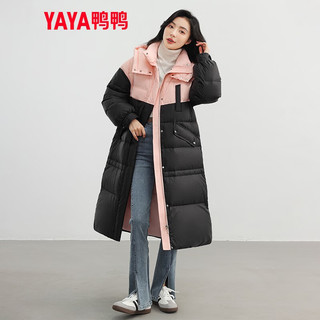 鸭鸭（YAYA）2024冬季羽绒服女韩版宽松过膝长款连帽撞色加厚保暖外套KL 黑色撞粉色 M 160