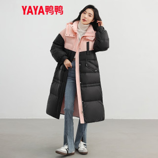 鸭鸭（YAYA）2024冬季羽绒服女韩版宽松过膝长款连帽撞色加厚保暖外套KL 黑色撞粉色 M 160