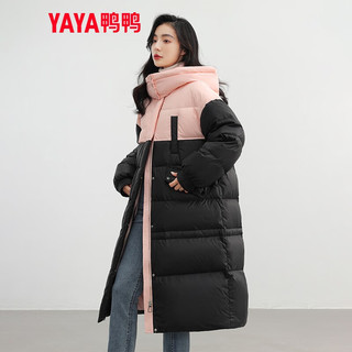 鸭鸭（YAYA）2024冬季羽绒服女韩版宽松过膝长款连帽撞色加厚保暖外套KL 黑色撞粉色 M 160