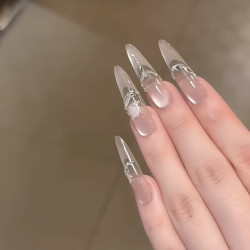 铂呐苓穿戴甲纯手工25新款细狗长尖美甲贴片假指甲可拆含果冻胶假指甲片 玻璃月光-长椭圆 10片